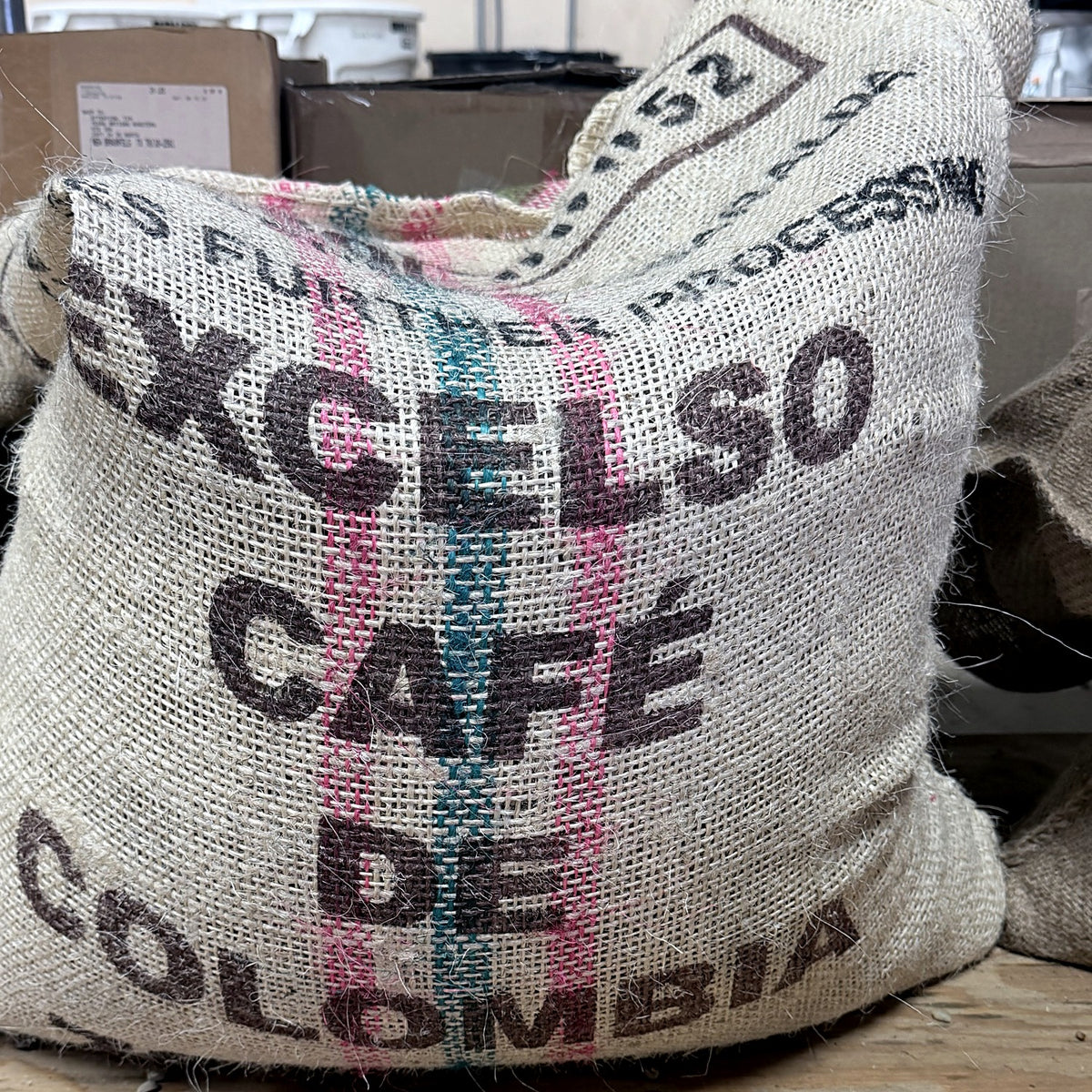 Excelso Café de Colombia green coffee sack at the Bootleggers Coffee roastery