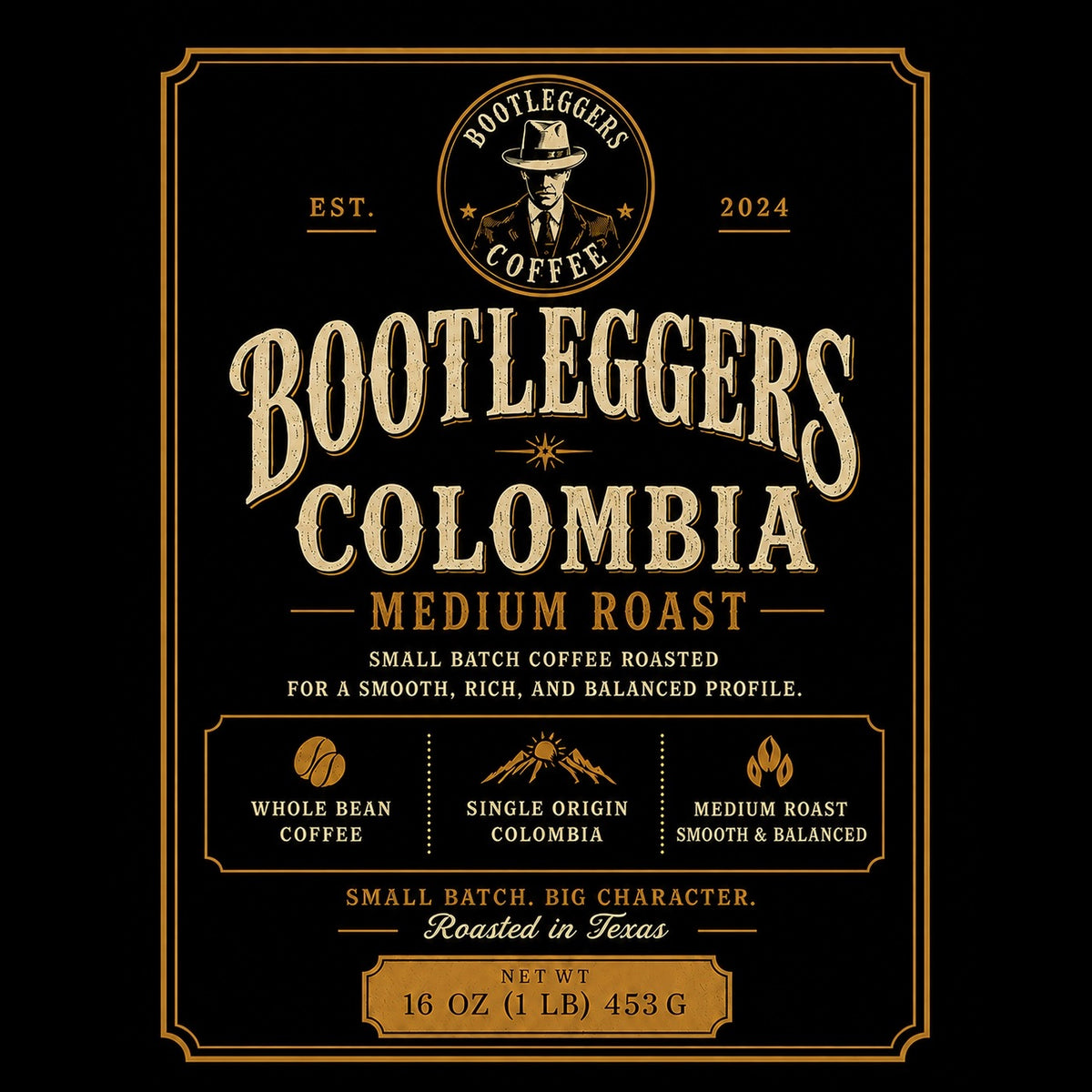 Bootleggers Coffee Colombia Medium Roast label: whole bean, single origin Colombia, smooth and balanced, 16 oz