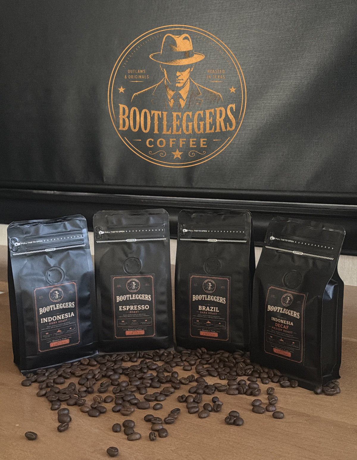Bootleggers Coffee Bold Flight: 4 oz bags of Indonesia Dark Roast, Espresso Roast, Brazil Dark Roast and Indonesia Decaf with coffee beans